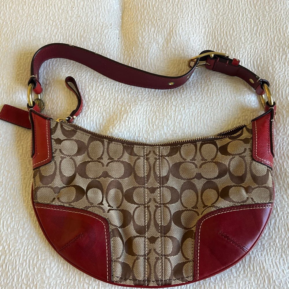 Coach Red and Tan Signature Shoulder Bag